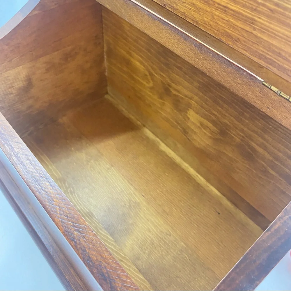 Vintage solid wood brass hinge counter storage keepsake box Currier & Ives inla